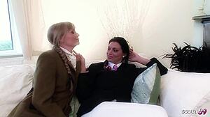 blonde and brunette lesbians caught licking pussy seduce guys for ffmm foursome fuck