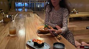 boldly sucking huge cock in sushi bar toilet then eating cum rolls on my face publicly