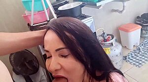 Stepson catches tanned latina milf bending in kitchen and pounds her gaping juicy ass with creampie!