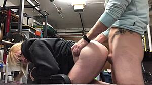 Athletic milf bends over at home gym for big cock doggystyle pounding and massive facial cumshot