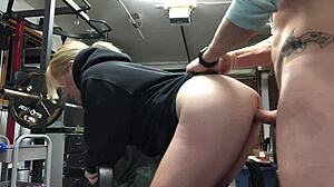 Athletic milf bends over at home gym for big cock doggystyle pounding and massive facial cumshot