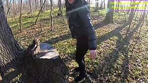 Tight leather pants no panties led to my wet car blowjob then rough forest fuck