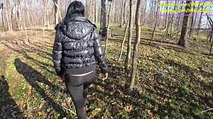 Tight leather pants no panties led to my wet car blowjob then rough forest fuck