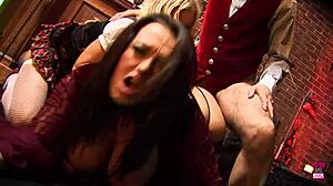 Overwhelmed brunette's big tits bounce wildly with blonde babe drilled