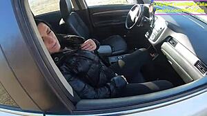 Tight leather pants no panties led to my wet car blowjob then rough forest fuck