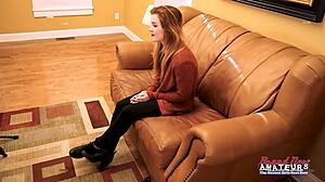 innocent ginger keaton toys her shaved pussy deep before getting banged hard by group