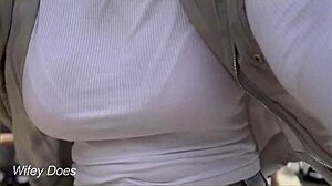 wifey dares public bike ride braless, her huge tits bounce in tight shirt - you watching?