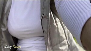 wifey dares public bike ride braless, her huge tits bounce in tight shirt - you watching?