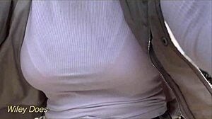 wifey dares public bike ride braless, her huge tits bounce in tight shirt - you watching?