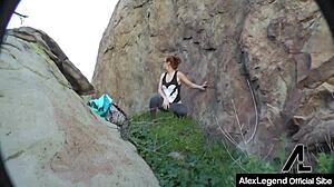 blowjob queen penny pax's big clit hairy pussy hike with deepthroat gagging on monster cock outdoors