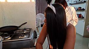 Busty Stepmom Fucks Curvy Stepdaughter in Kitchen