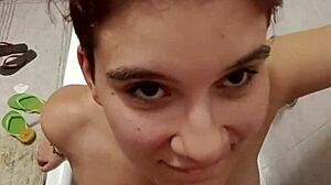 chiara kneels as old master pisses on her huge italian tits