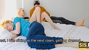 stepsis blonde gets licked by guy while boyfriend rests on bed nearby
