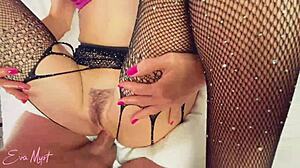 a young 18+ prostitute's perfect trimmed hairy pussy gets creampied hard by huge cock
