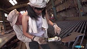 Workers Pound Big Ass Bitch with Deepthroat Cum in Mouth and Heels