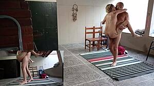 they start kissing passionately in the backyard, he lifts her up for wild outdoor sex with moans and licks