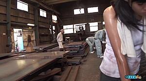 Workers Pound Big Ass Bitch with Deepthroat Cum in Mouth and Heels