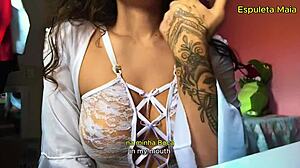 hot brunette smokes while sucking and masturbates her latina pussy
