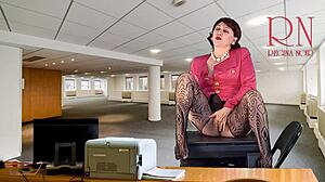 boss can you believe your naked secretary stripping heels off to finger her wet pussy and tits right here?!