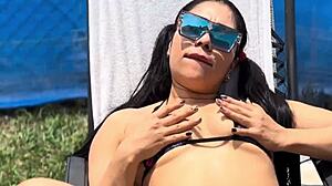 horny skinny slut flashes wet pussy and small tits by public pool craving your cock cum inside