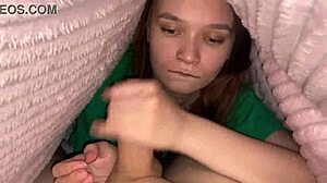 stepdaughter sneaks under blanket for stepdad's deep throbbing blowjob relief