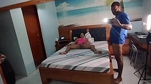 Hubby catches wife in lingerie riding stranger's cock after watching porn and masturbating