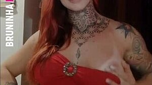 Tattooed brazilian redhead feels wild without panties under dress