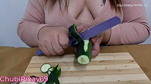 Chubby Asian milf cooks sexy with huge saggy tits and fat body in kitchen fetish play