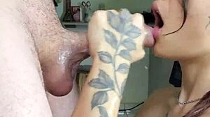 POV deepthroat tempts with wife's submissive throat cum finish