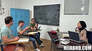 classroom confession turns into milf mommy seducing petite teen for hardcore group blowjob threesome