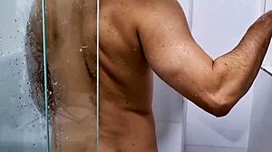 Blonde milf spies on stepson in shower then sucks his monster cock before Christmas creampie pounding