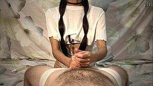 ruined his tiny cock in cage with handjob... pathetic 18+er cums weak
