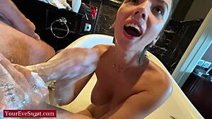 pov eve sweet massages big cock with feet and tits in soapy tub