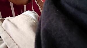 Roommate sneaks blowjob on sister's husband while he films her curvy latina tits close-up!