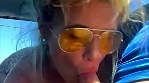 cheating blonde whore deepthroats cock outdoors for daytime facial?