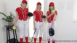 Cheeky blonde baseball babes suck and fuck coach's monster bat at party