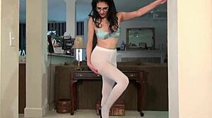 Mature Mimi Oils Nyloned Pussy During Steamy Massage Striptease