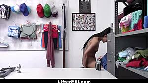 Latina milf stuffs stolen goods deep in her bra hoping to sneak away unnoticed
