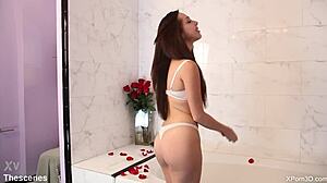 two busty lesbian teens kiss lick and fuck wet pussies in steamy shower