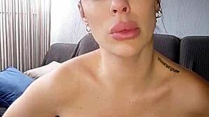 ohh my huge tits brunette im sucking this dildo deep n fingering wet pussy ughh