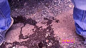 Pissing tight pussy dripping outside car full voyeur garage tape uncut!!
