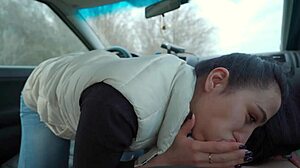 Beautiful girlfriend moans riding cock after deepthroat blowjob in car