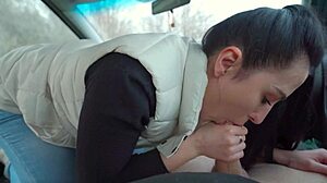 Beautiful girlfriend moans riding cock after deepthroat blowjob in car