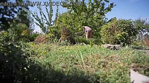neighbor bends over in garden flashing thong upskirt to spy cam