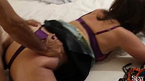 french milf in leather skirt and heels rims then takes facial 😈🍆💦