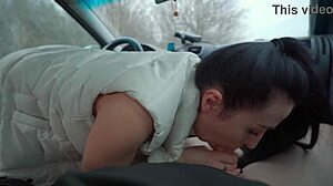 Beautiful girlfriend moans riding cock after deepthroat blowjob in car