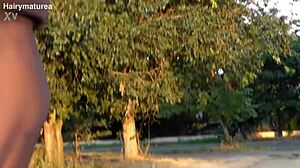 Hairy chubby mature flashes beaver through see-through outfit outdoors publicly
