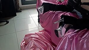 Clothed white slut in black pants and satin panties takes doggystyle pounding with dirty French talk and rimjob