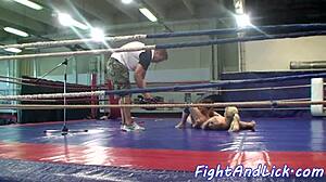 What happens backstage when an Asian lezzie grabs a wrestling beauty for strapon action?