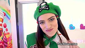 Busty scout Nicole gets tits fucked then blows hard cock pov